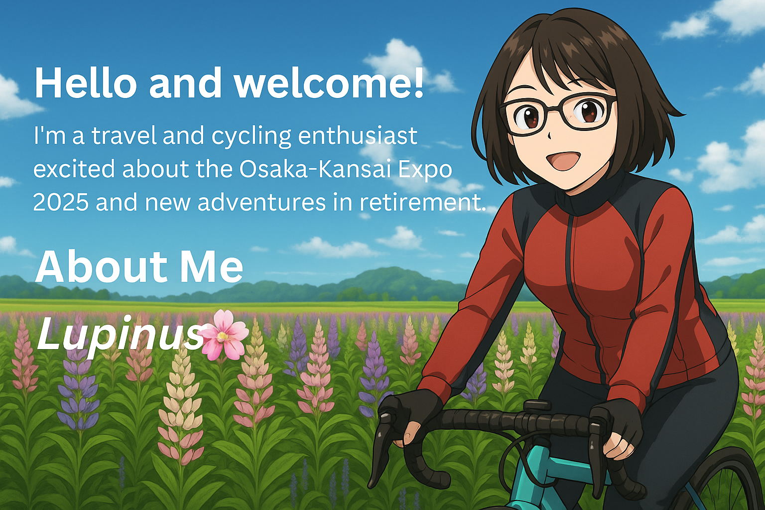 This illustration represents me—exploring new places by bike, always curious, and forever inspired by lupines 🌸