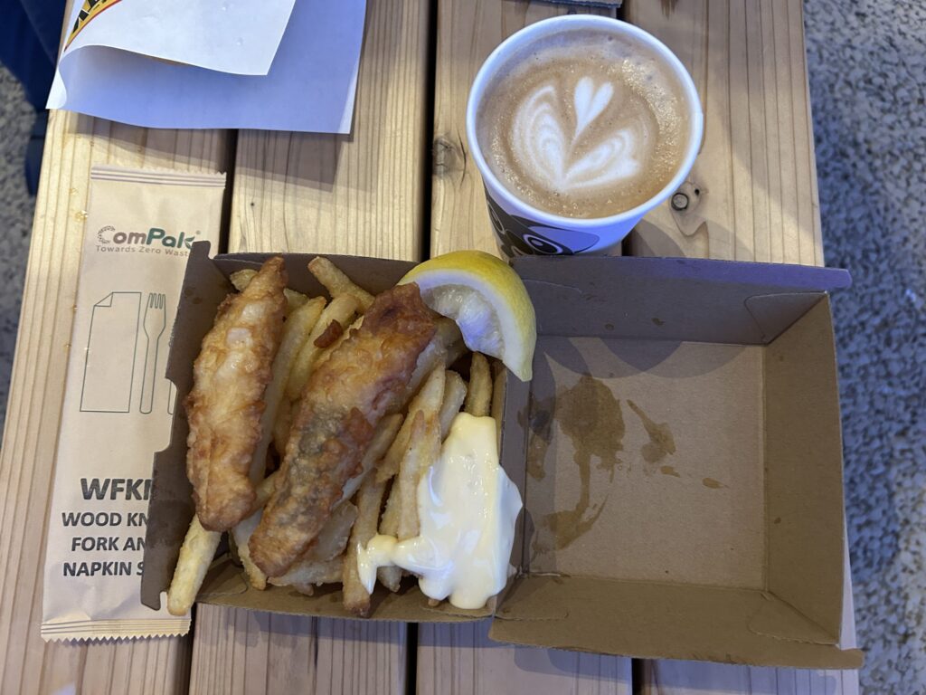 Fish and chips and flat white at the Australian Pavilion