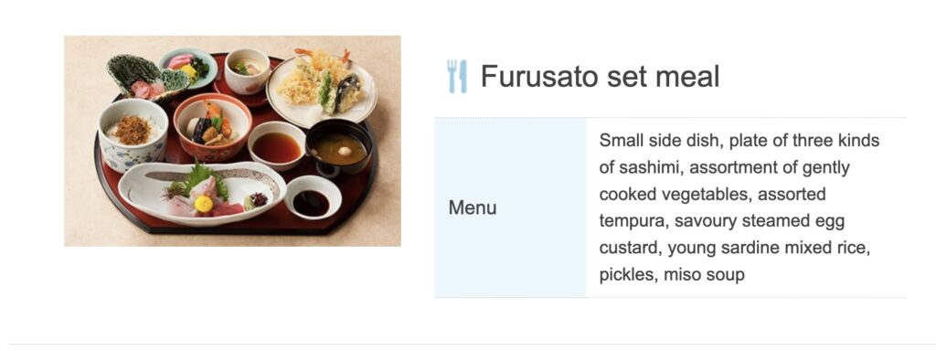 Small side dish, plate of three kinds of sashimi, assortment of gently cooked vegetables, assorted tempura, savoury steamed egg custard, young sardine mixed rice, pickles, miso soup