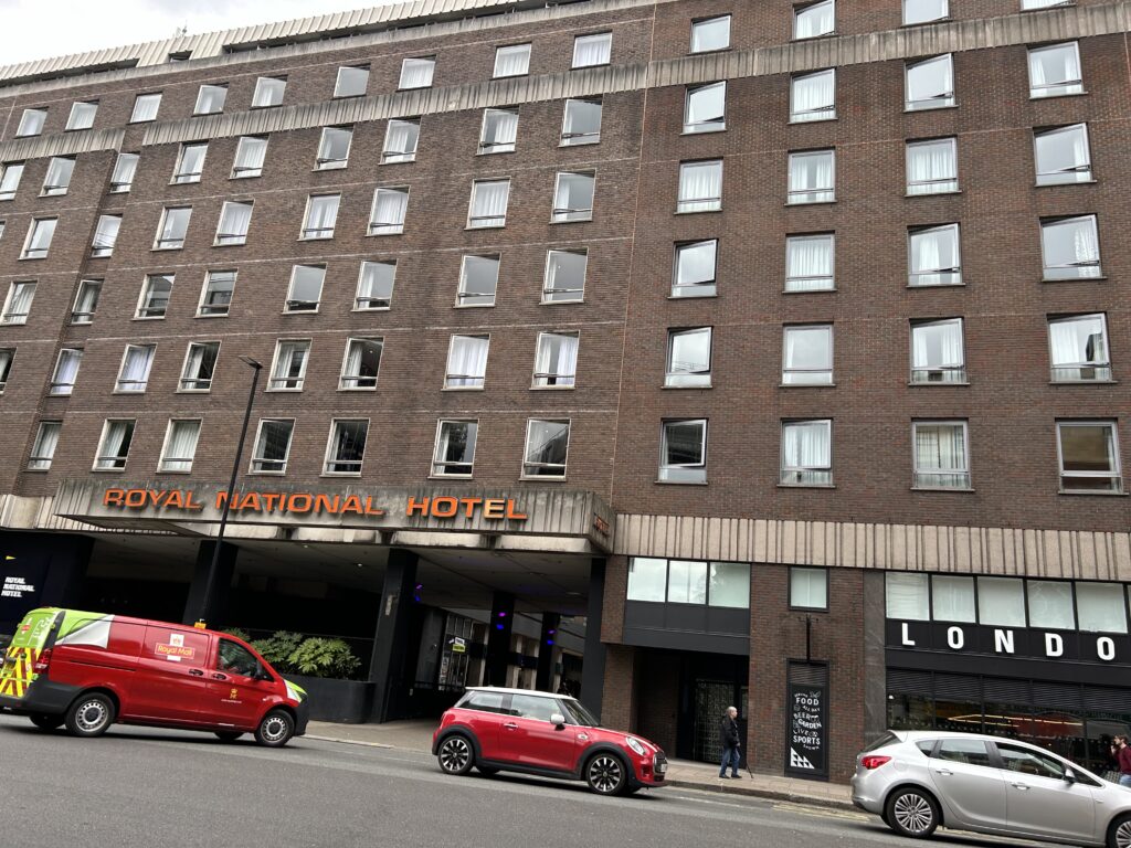 Front entrance of the Royal National Hotel, one of the main departure points for Warner Bros. Studio Tour shuttle buses.