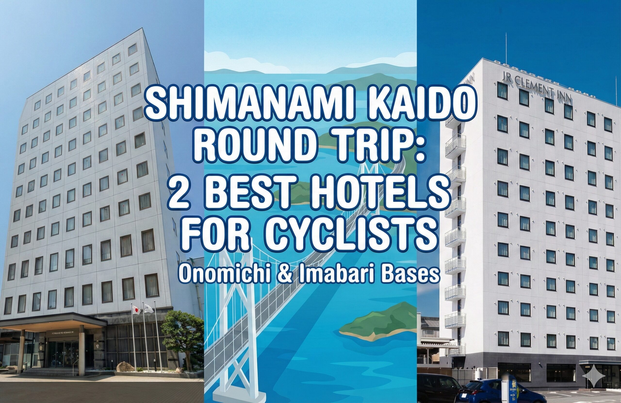 Illustration of cycle-friendly hotels in Imabari and Onomichi for Shimanami Kaido cyclists, featuring modern buildings and a clear blue sky.