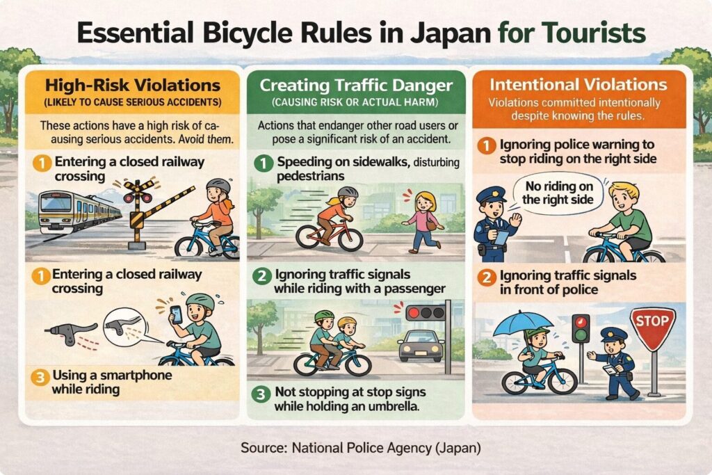 Infographic showing essential bicycle rules in Japan for tourists, including high-risk violations, traffic danger situations, and intentional violations such as railway crossing entry, smartphone use, and ignoring traffic signals.