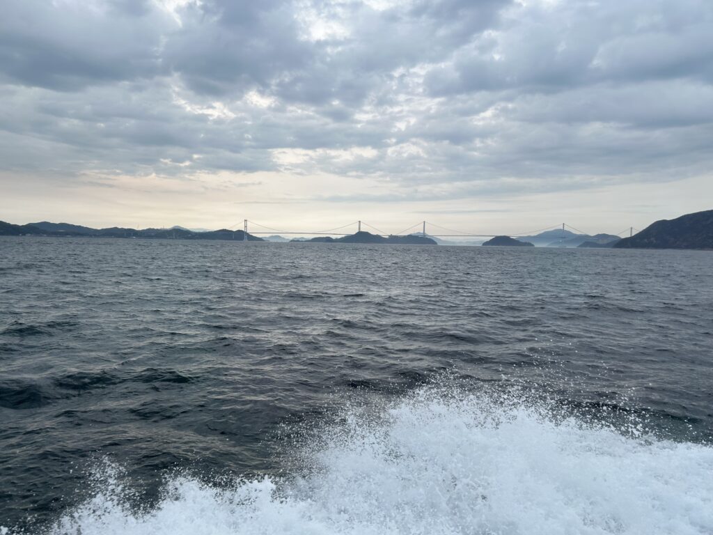 Kurushima Kaikyo Bridge seen from a ferry in the Seto Inland Sea, Shimanami Kaido Japan