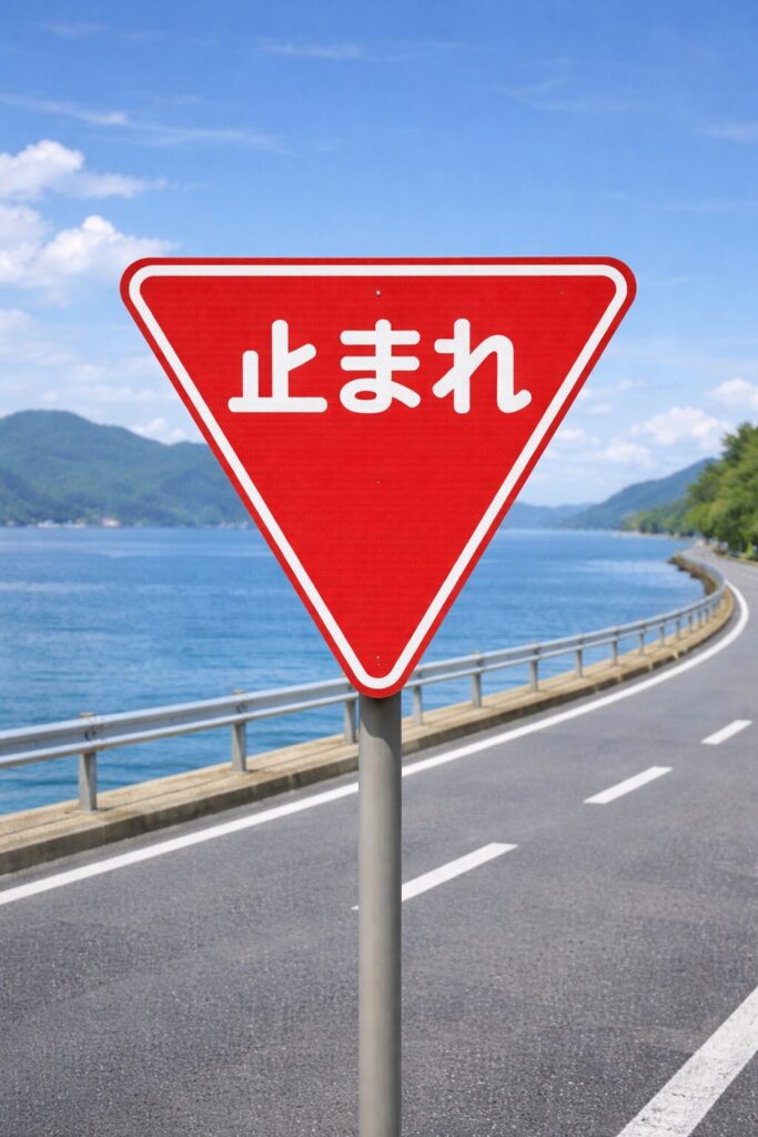 A red triangular Japanese stop sign reading “止まれ” (Stop) on a pole beside a coastal road with the ocean and mountains in the background.