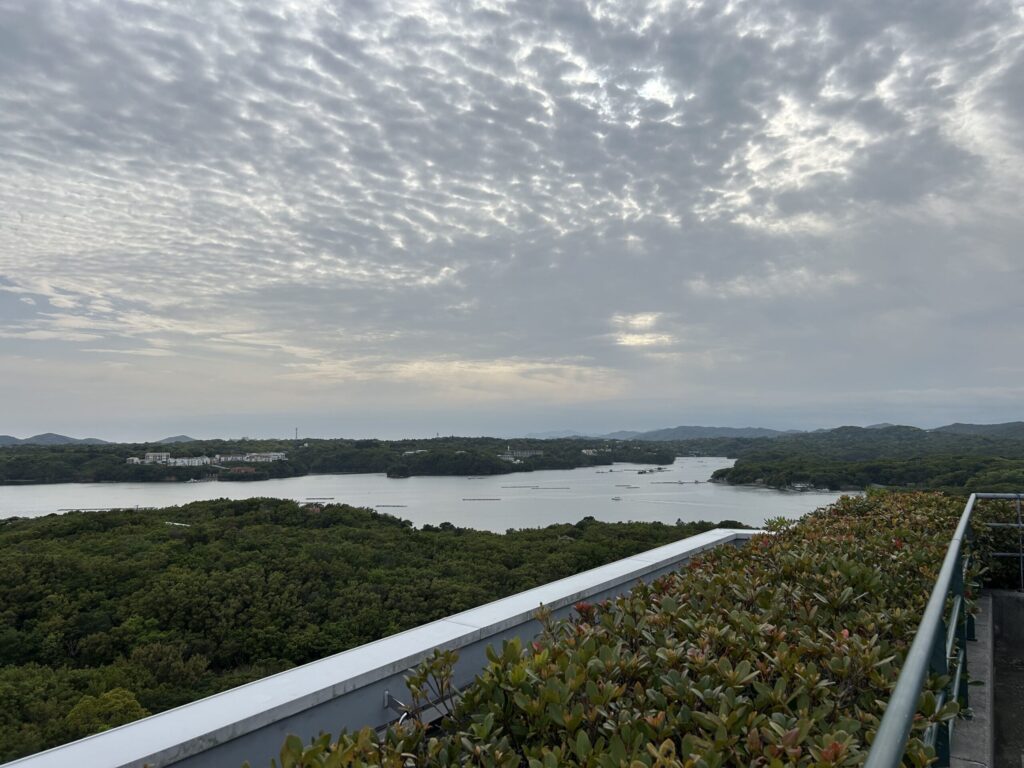 Ago Bay at dusk from the rooftop garden of The Bay Suite, Shima Kanko Hotel, under a dramatic cloudy sky