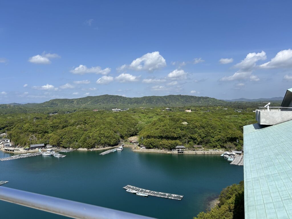View of Ago Bay and pearl rafts from the rooftop observation deck of The Classic, Shima Kanko Hotel