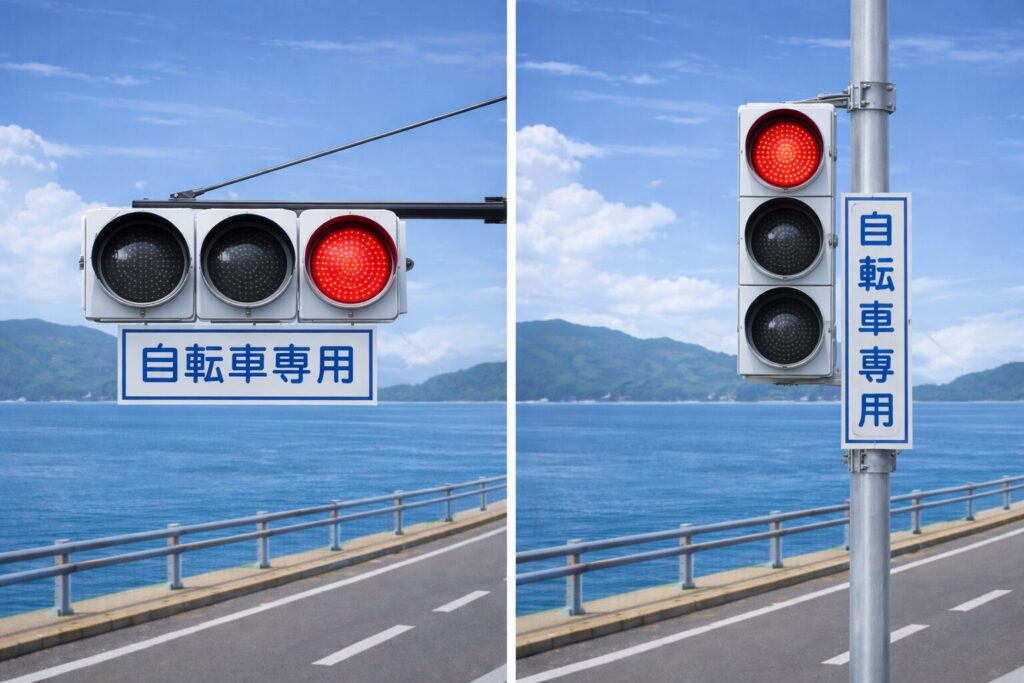 Two bicycle traffic signals by a seaside road: a horizontal signal with a red light and a vertical signal with a red light, both labeled “Bicycles Only” in Japanese.