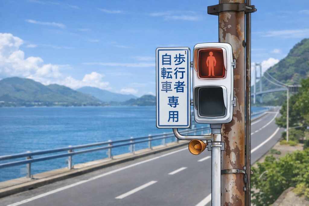 A pedestrian and bicycle traffic signal showing a red standing person, next to a sign in Japanese indicating “Pedestrians and Bicycles Only,” beside a coastal road with a bridge in the background.