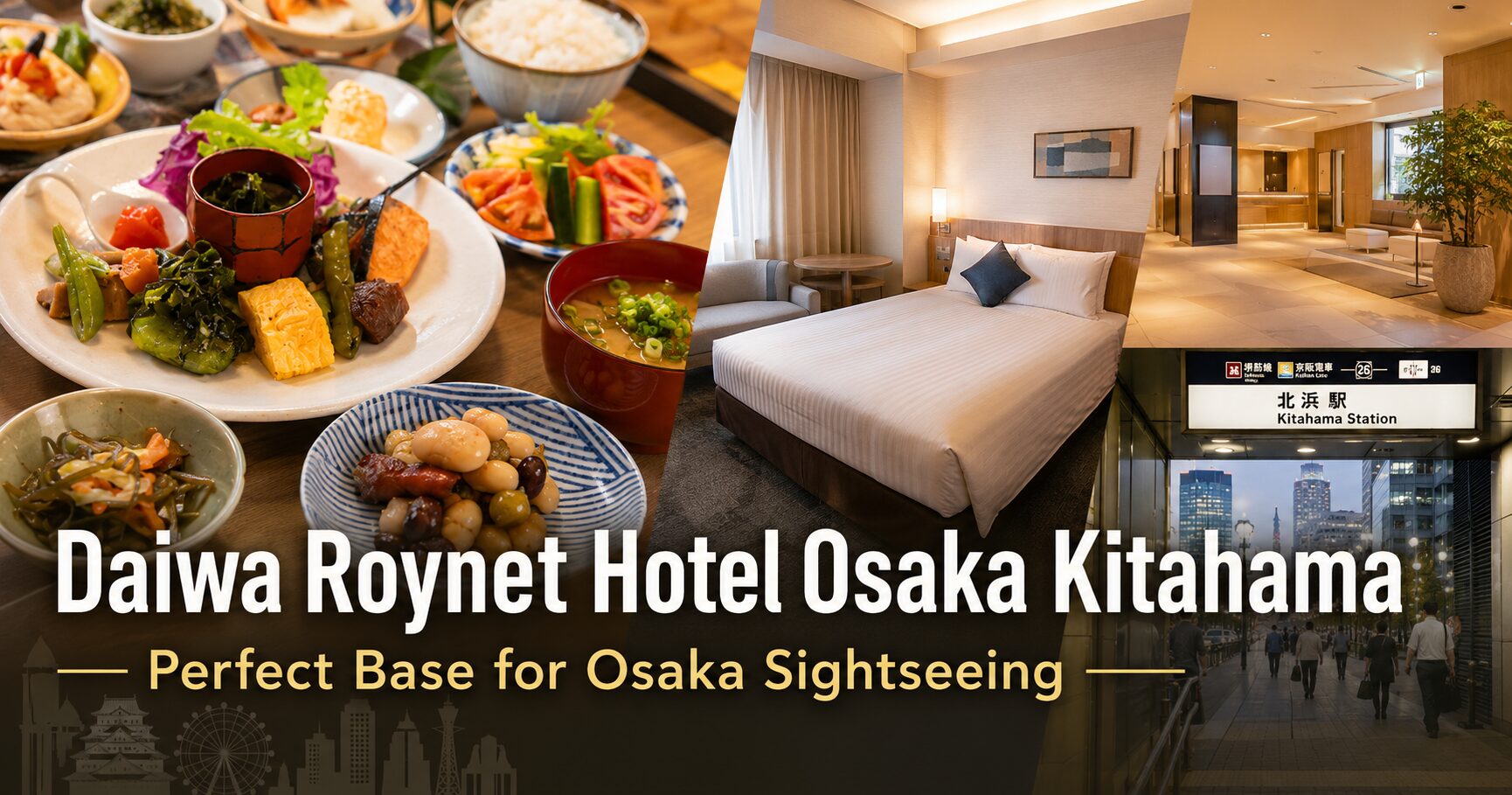 “Collage-style travel blog image for Daiwa Roynet Hotel Osaka Kitahama in Osaka, Japan, featuring a colorful Japanese breakfast buffet with grilled fish, vegetables, miso soup, and traditional side dishes, alongside a clean modern hotel room, elegant lobby interior, and Kitahama Station entrance, promoting the hotel as a convenient and comfortable base for Osaka sightseeing.”