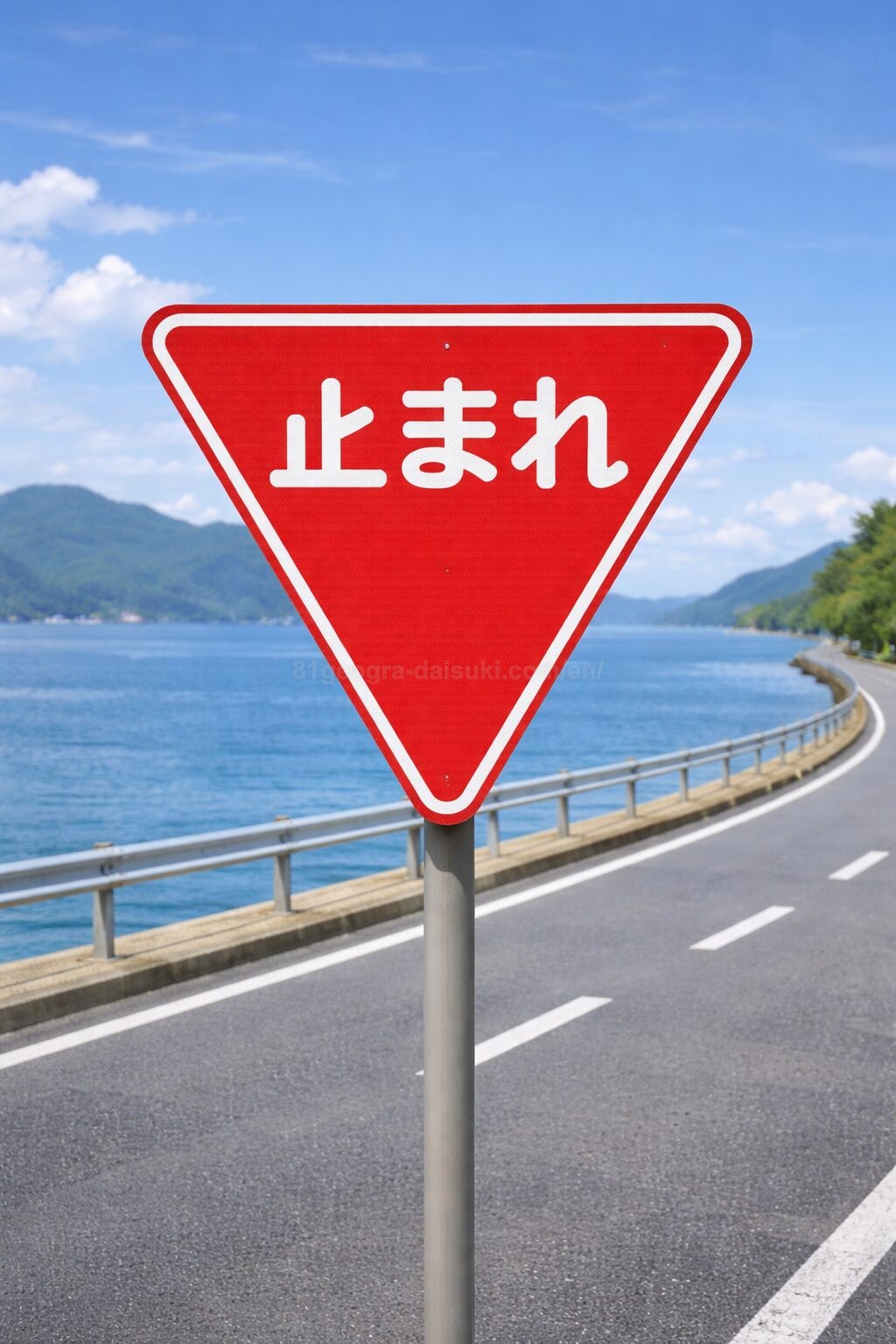 A red triangular Japanese stop sign reading “止まれ” (Stop) on a pole beside a coastal road with the ocean and mountains in the background.