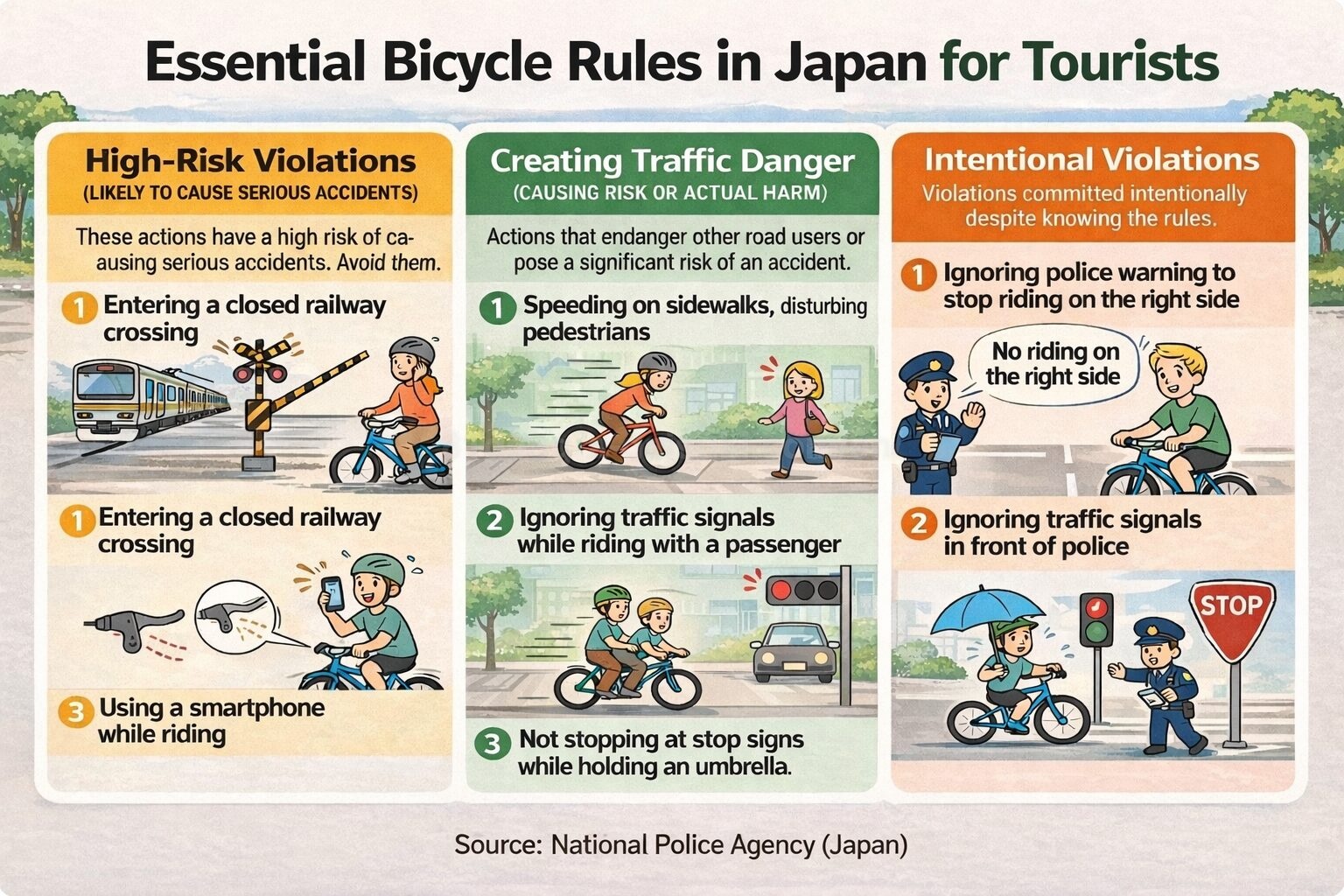 Infographic showing essential bicycle rules in Japan for tourists, including high-risk violations, traffic danger situations, and intentional violations such as railway crossing entry, smartphone use, and ignoring traffic signals.