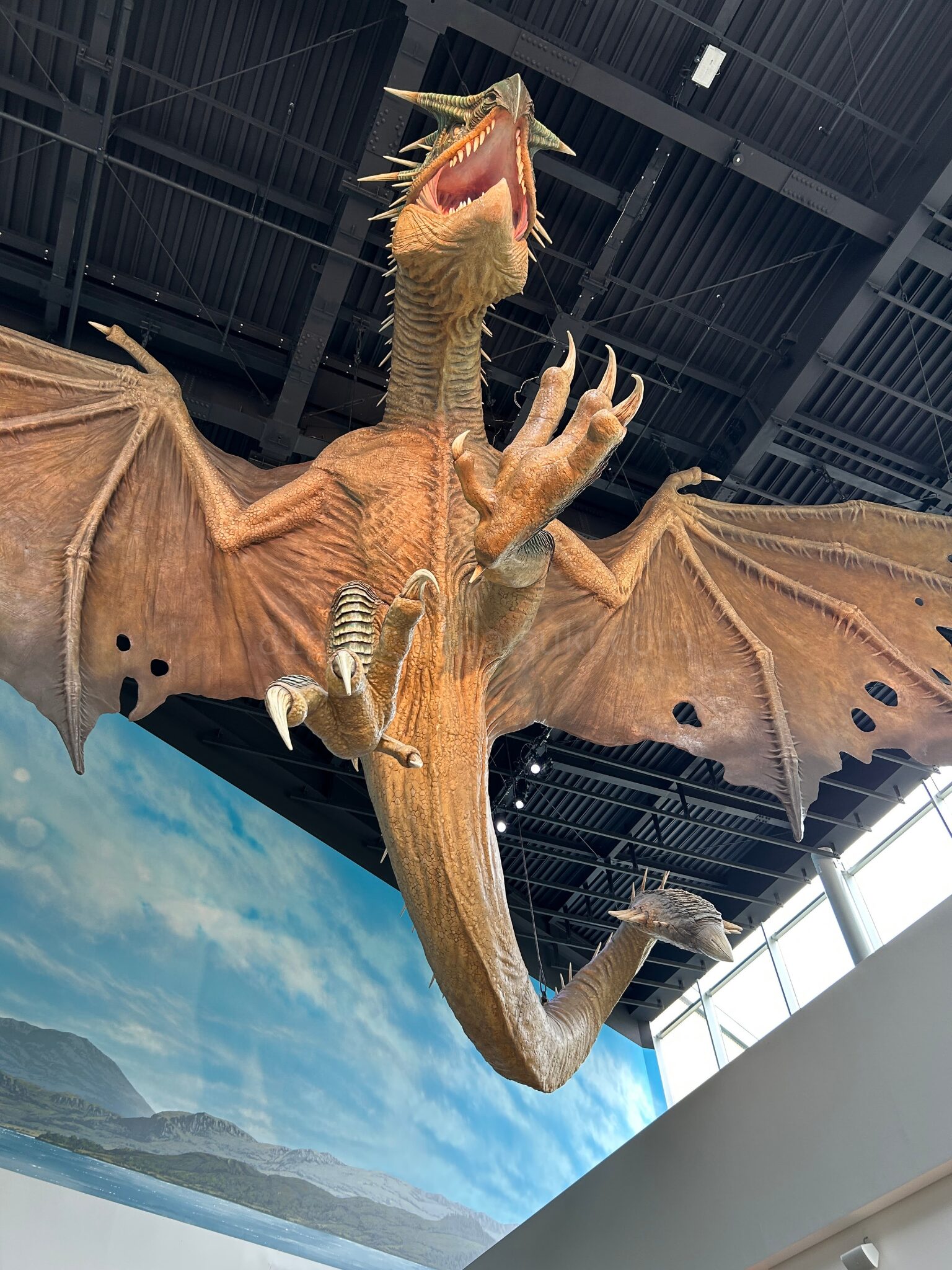 Hungarian Horntail dragon suspended above the entrance at Warner Bros. Studio Tour Tokyo