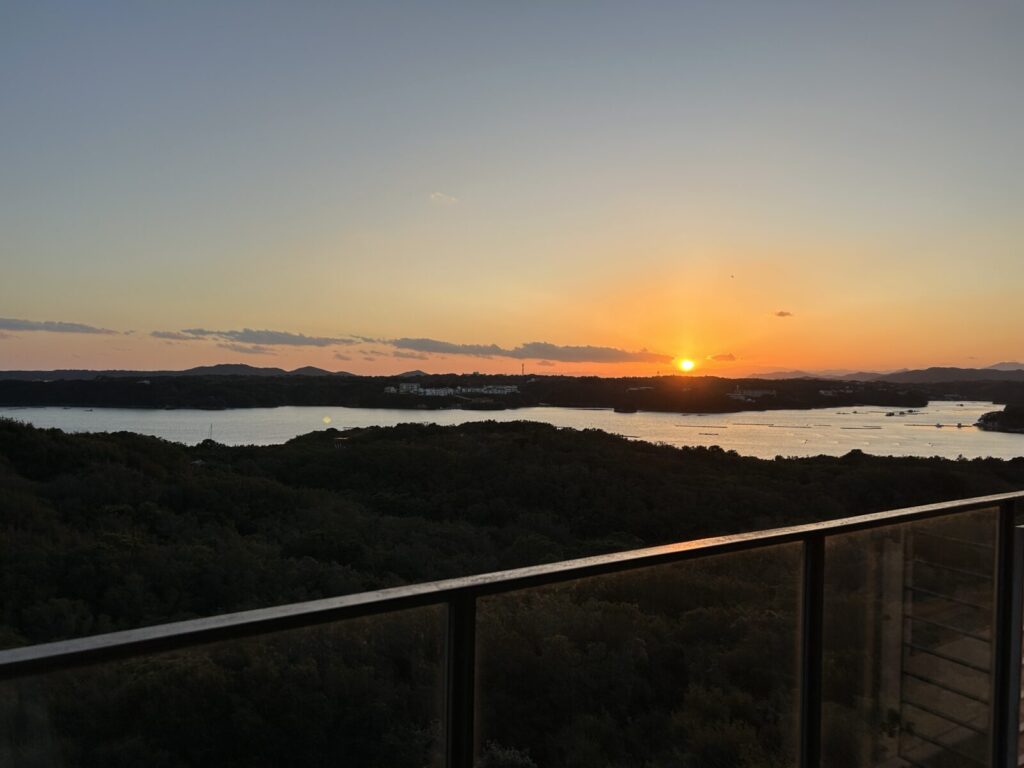 Sunset over Ago Bay viewed from Shima Kanko Hotel